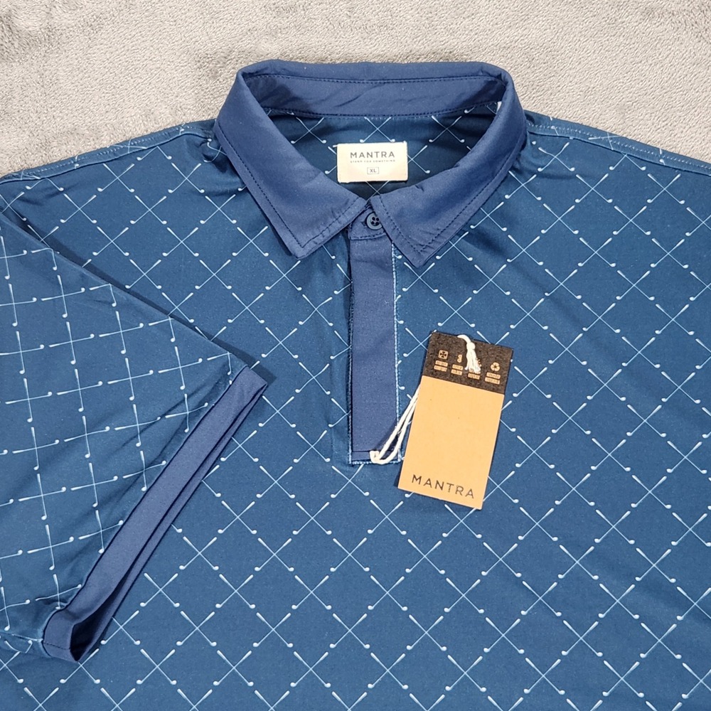 Mantra Catalyst Polo Shirt Mens XL Navy Blue Golf Clubs Print UPF 50 Stretch NEW